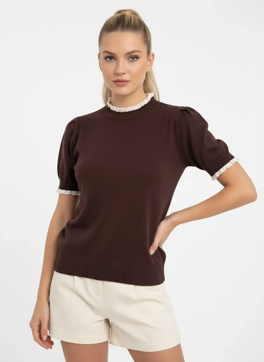 12465 Kadın Dik Yaka Detay Yumuşak Dokulu Premium İplik Triko Bluz