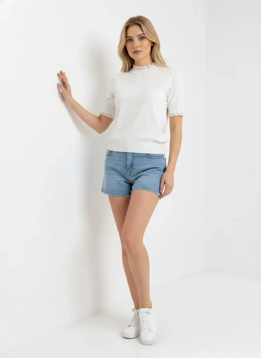 12465 Kadın Dik Yaka Detay Yumuşak Dokulu Premium İplik Triko Bluz