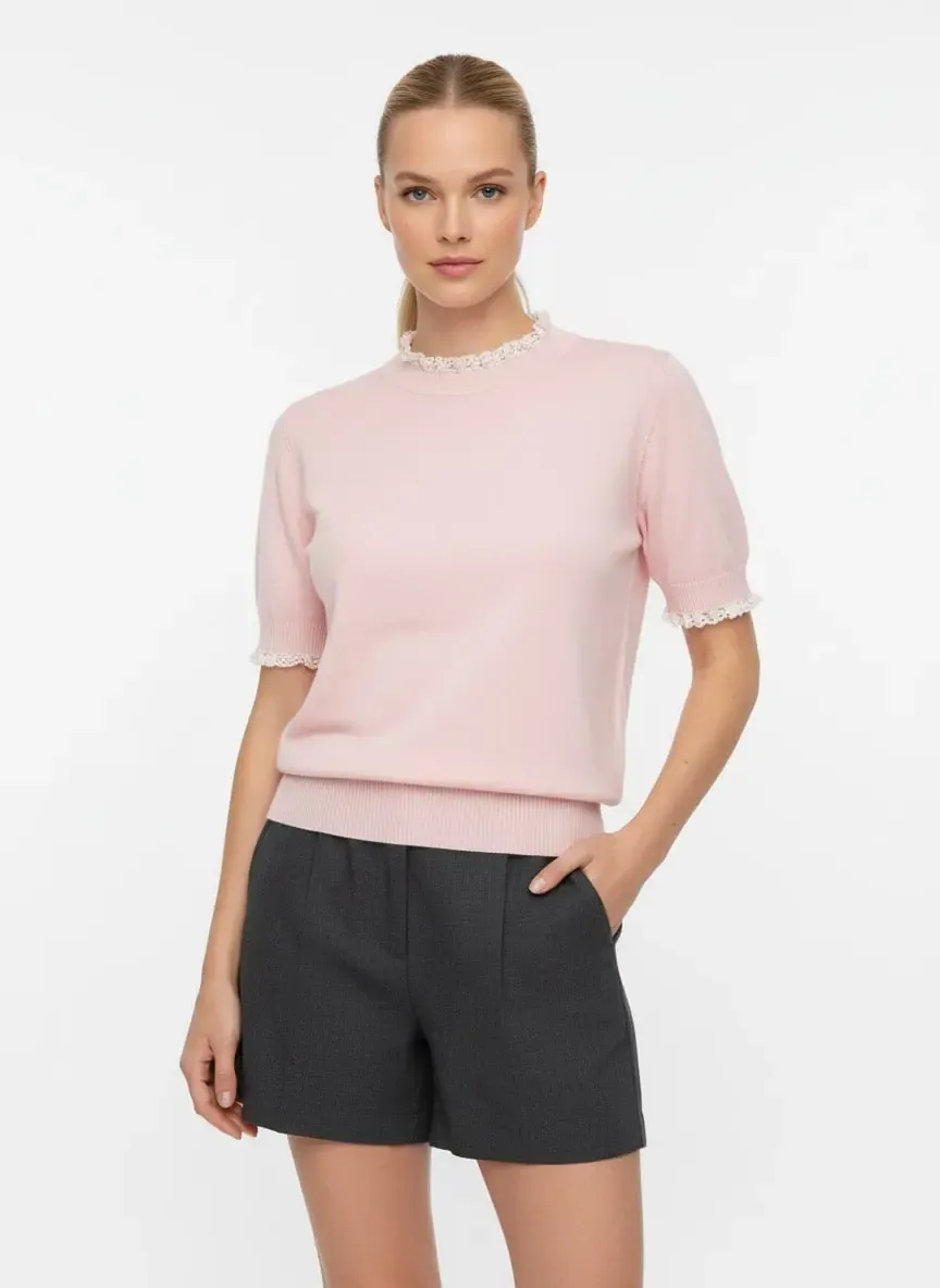 12465 Kadın Dik Yaka Detay Yumuşak Dokulu Premium İplik Triko Bluz