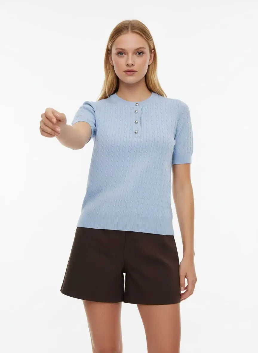 12467 Kadın Bisiklet Yaka Düğme Detay Saç Örgü Triko Bluz 