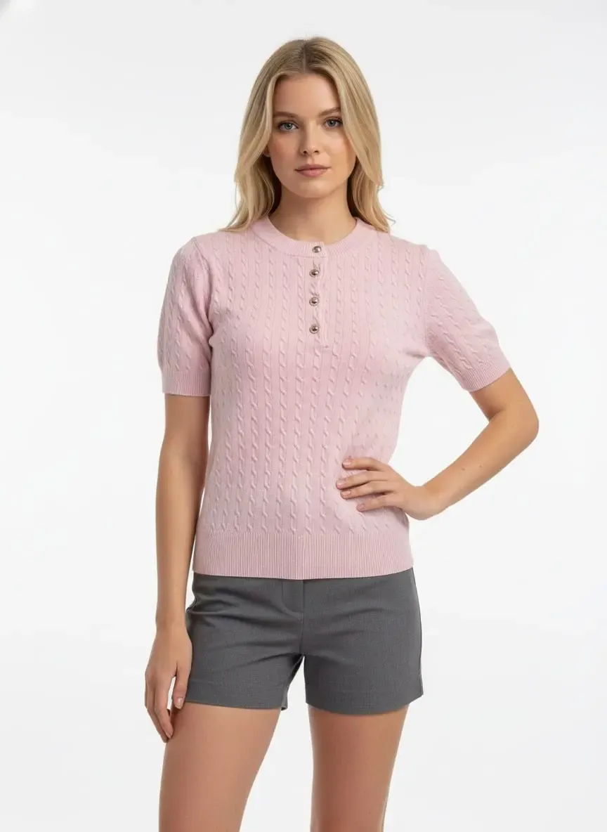 12467 Kadın Bisiklet Yaka Düğme Detay Saç Örgü Triko Bluz 