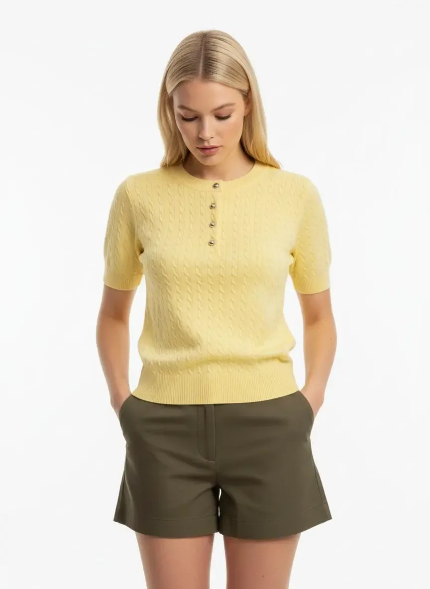 12467 Kadın Bisiklet Yaka Düğme Detay Saç Örgü Triko Bluz 