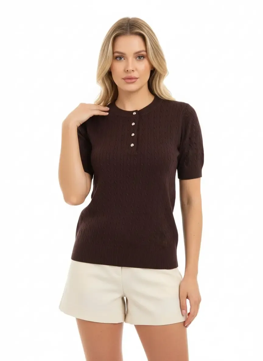 12467 Kadın Bisiklet Yaka Düğme Detay Saç Örgü Triko Bluz 