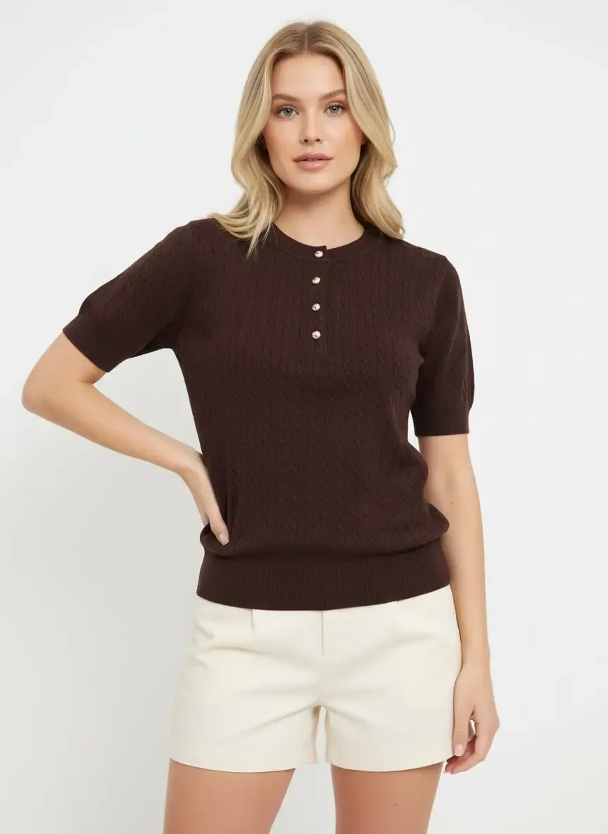 12467 Kadın Bisiklet Yaka Düğme Detay Saç Örgü Triko Bluz 