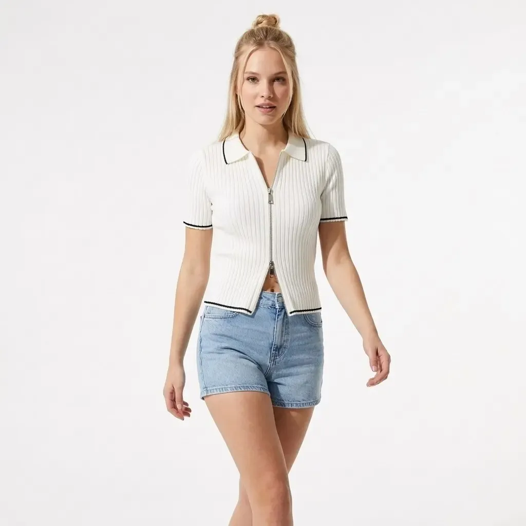 12475 Kısa Kol Fermuar Detaylı Polo Yaka Premium İplik Kaşkorse Triko Hırka 