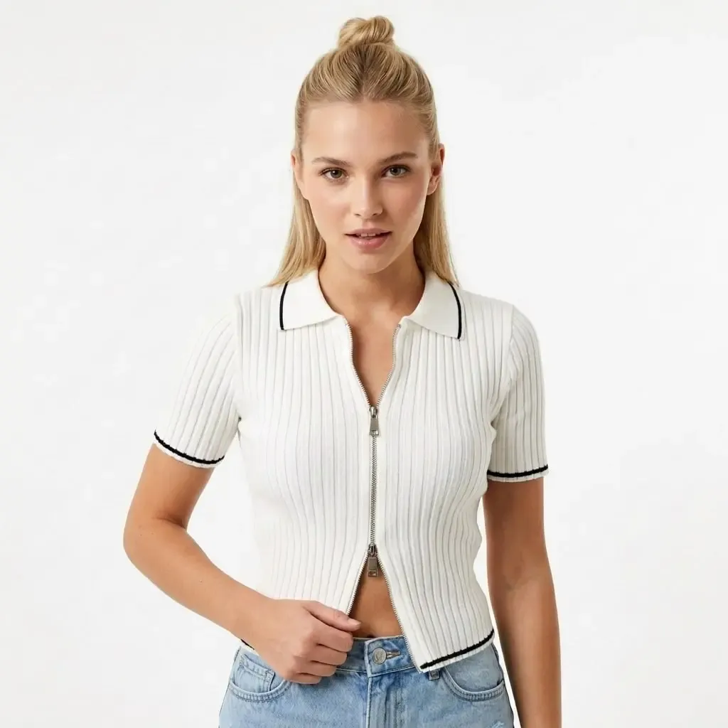 12475 Kısa Kol Fermuar Detaylı Polo Yaka Premium İplik Kaşkorse Triko Hırka 