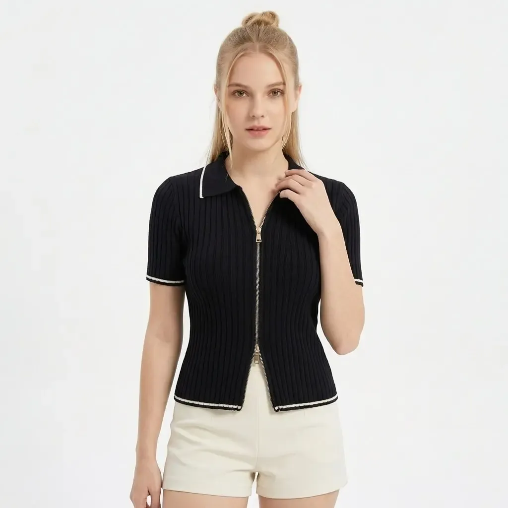 12475 Kısa Kol Fermuar Detaylı Polo Yaka Premium İplik Kaşkorse Triko Hırka 