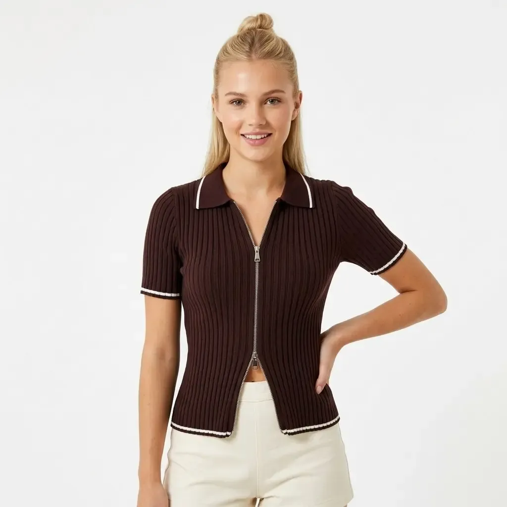 12475 Kısa Kol Fermuar Detaylı Polo Yaka Premium İplik Kaşkorse Triko Hırka 