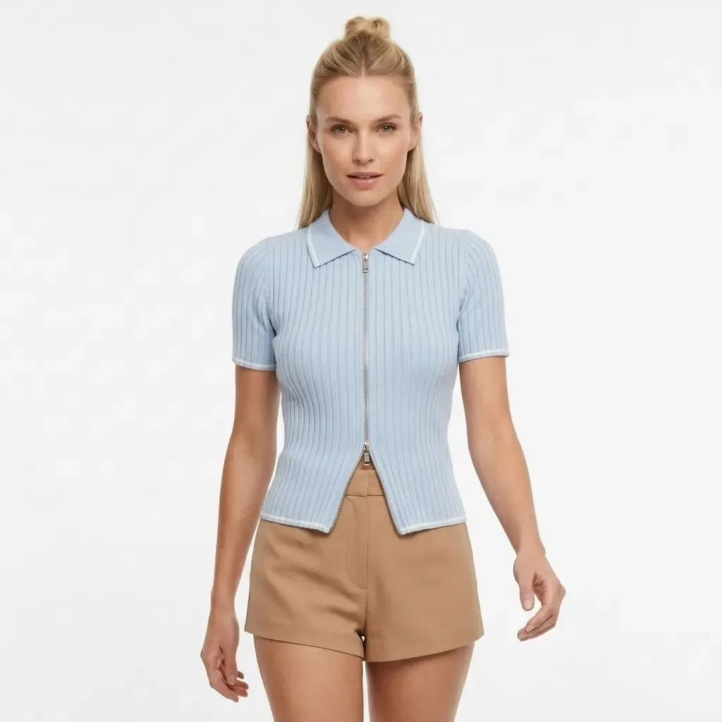 12475 Kısa Kol Fermuar Detaylı Polo Yaka Premium İplik Kaşkorse Triko Hırka 