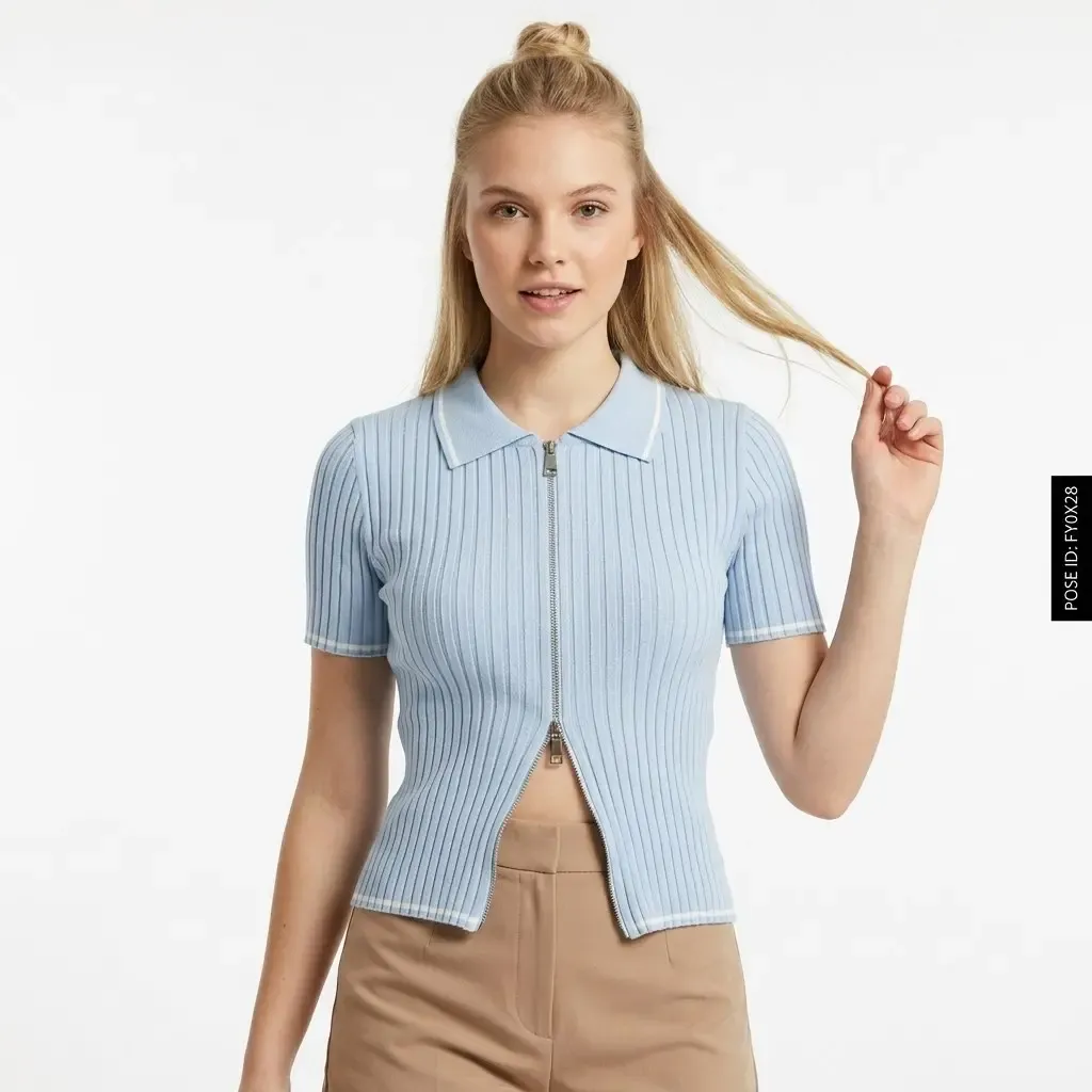 12475 Kısa Kol Fermuar Detaylı Polo Yaka Premium İplik Kaşkorse Triko Hırka 