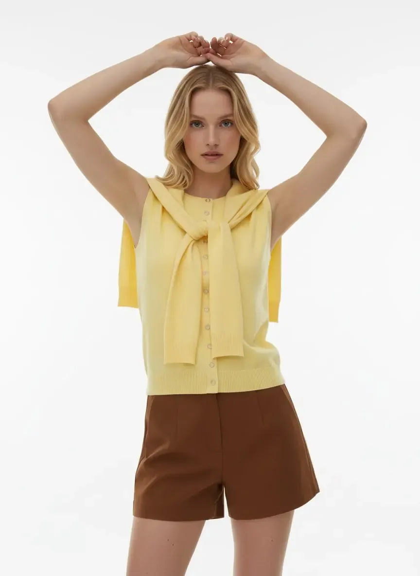 12476 Şal Detaylı Bisiklet Yaka Viscon İplik Triko Yelek