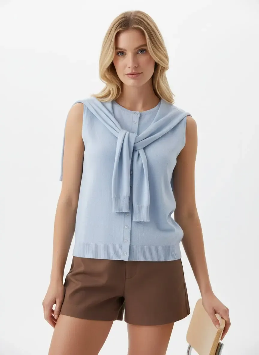 12476 Şal Detaylı Bisiklet Yaka Viscon İplik Triko Yelek