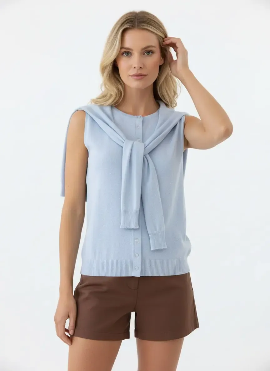 12476 Şal Detaylı Bisiklet Yaka Viscon İplik Triko Yelek