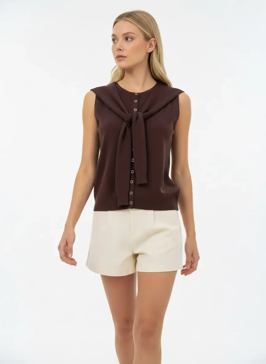 12476 Şal Detaylı Bisiklet Yaka Viscon İplik Triko Yelek