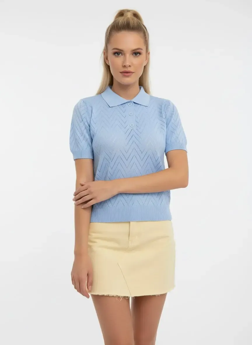 12479 Kadın Polo Yaka Yarım Pat Düğme Ajurlu Triko Bluz