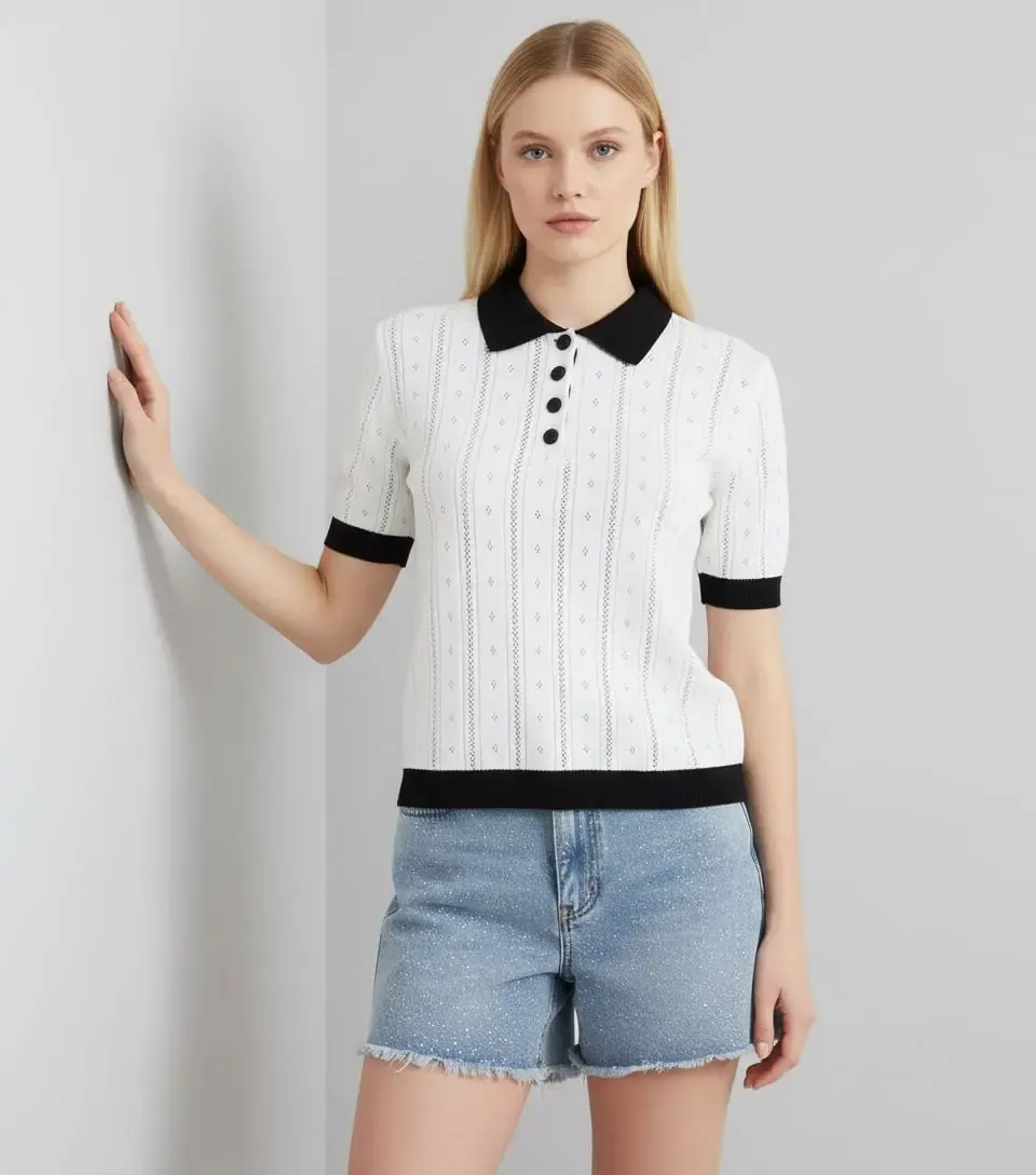 12487 Kadın Polo Yaka Yarım Pat Düğme Ajurlu Triko Bluz 