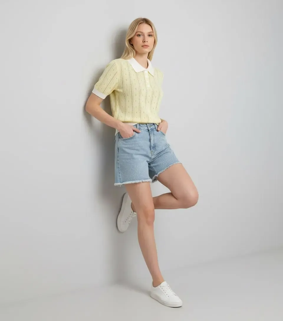 12487 Kadın Polo Yaka Yarım Pat Düğme Ajurlu Triko Bluz 