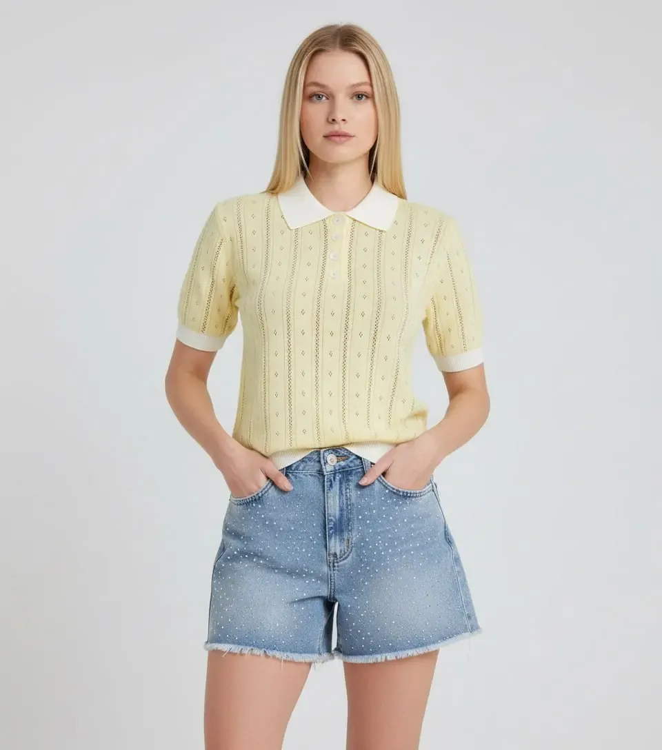 12487 Kadın Polo Yaka Yarım Pat Düğme Ajurlu Triko Bluz 