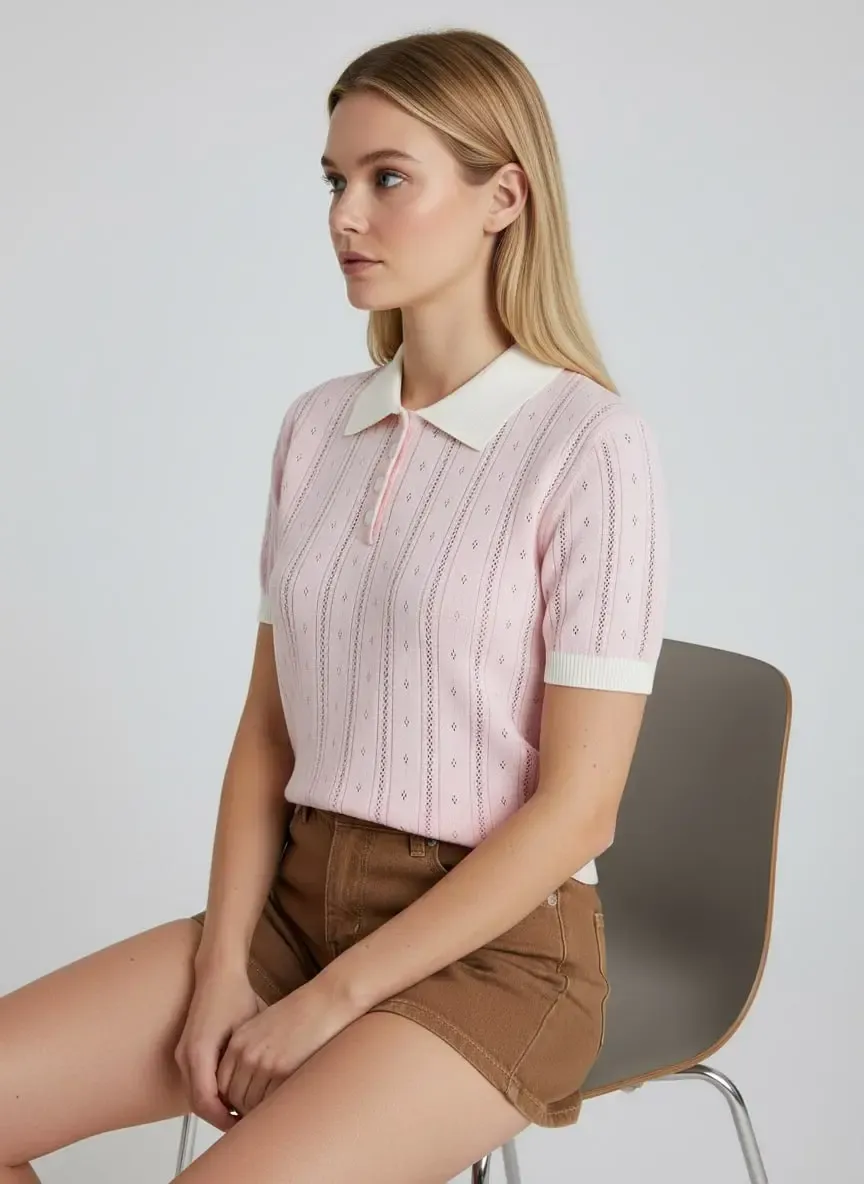 12487 Kadın Polo Yaka Yarım Pat Düğme Ajurlu Triko Bluz 