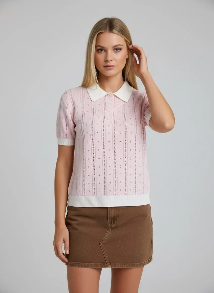 12487 Kadın Polo Yaka Yarım Pat Düğme Ajurlu Triko Bluz 