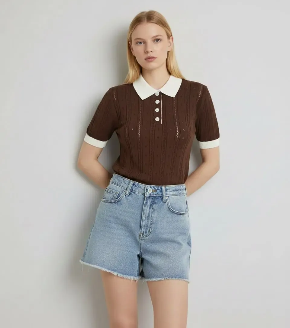 12487 Kadın Polo Yaka Yarım Pat Düğme Ajurlu Triko Bluz 