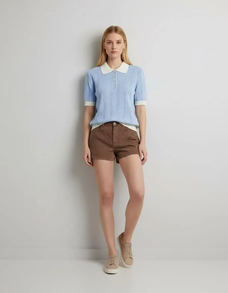 12487 Kadın Polo Yaka Yarım Pat Düğme Ajurlu Triko Bluz 