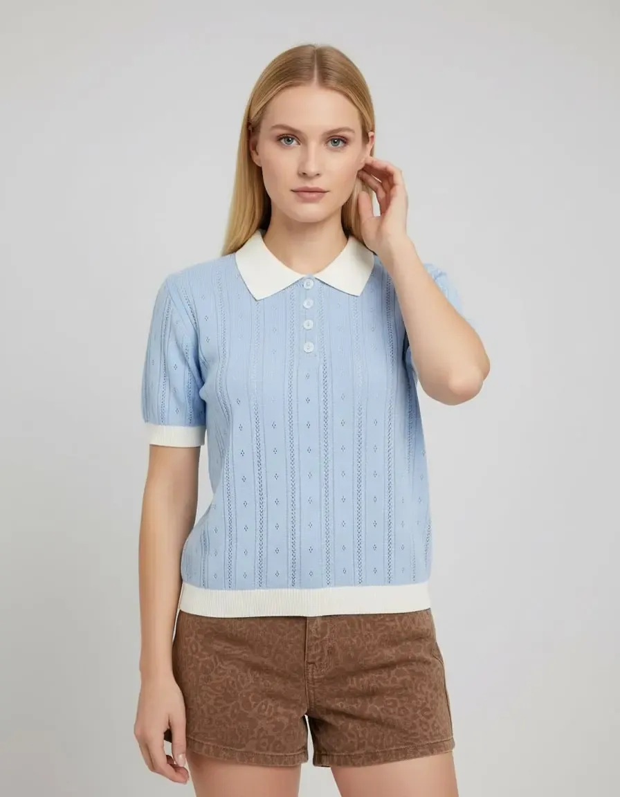 12487 Kadın Polo Yaka Yarım Pat Düğme Ajurlu Triko Bluz 