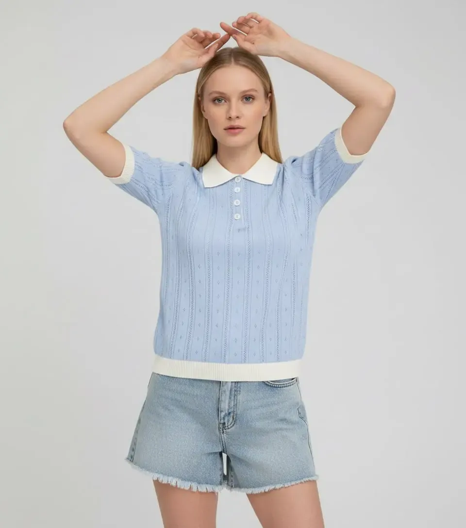 12487 Kadın Polo Yaka Yarım Pat Düğme Ajurlu Triko Bluz 