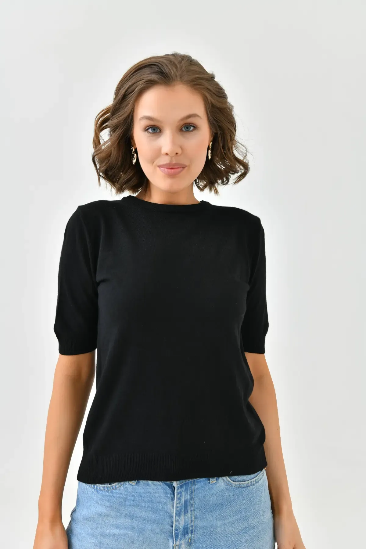 224095 Kadın Bisiklet Yaka Yumuşak Dokulu Viscon Triko Bluz