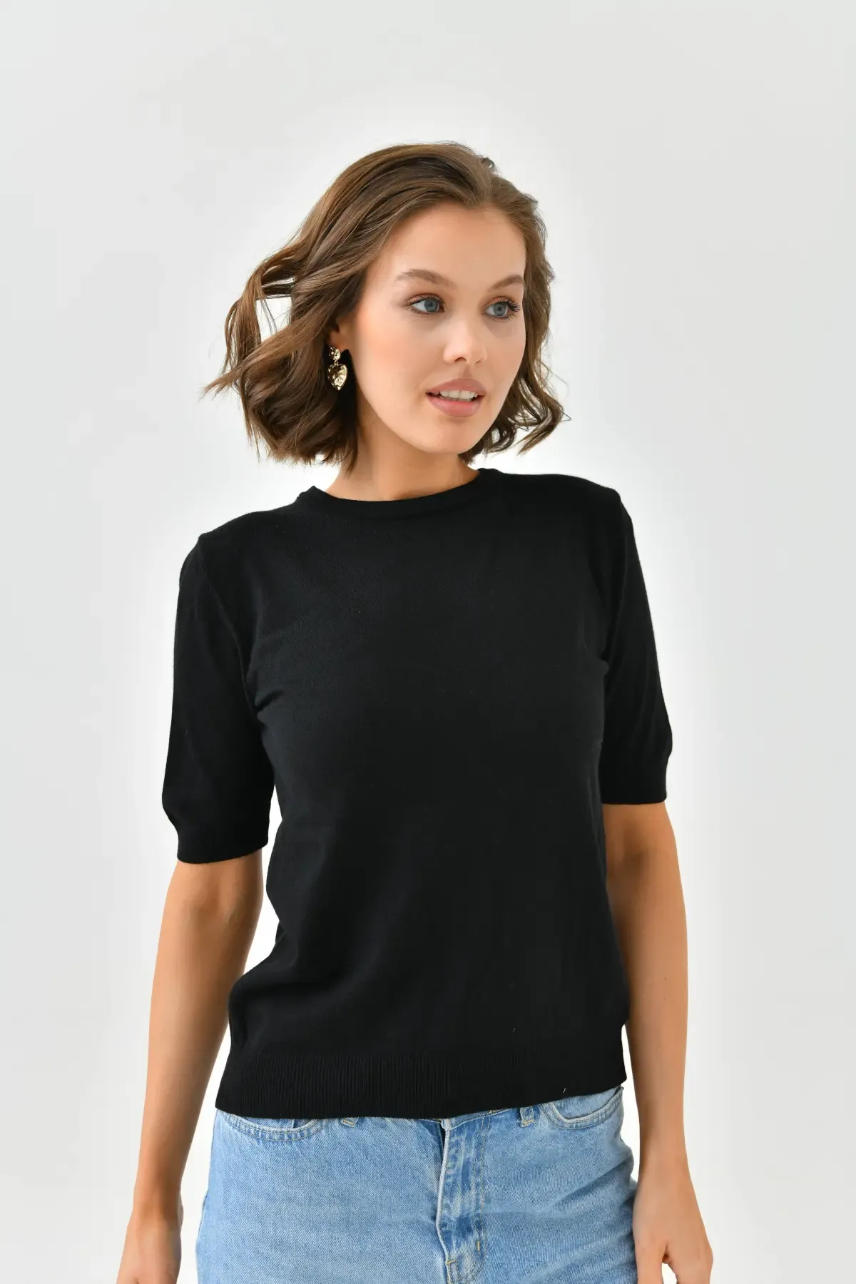 224095 Kadın Bisiklet Yaka Yumuşak Dokulu Viscon Triko Bluz