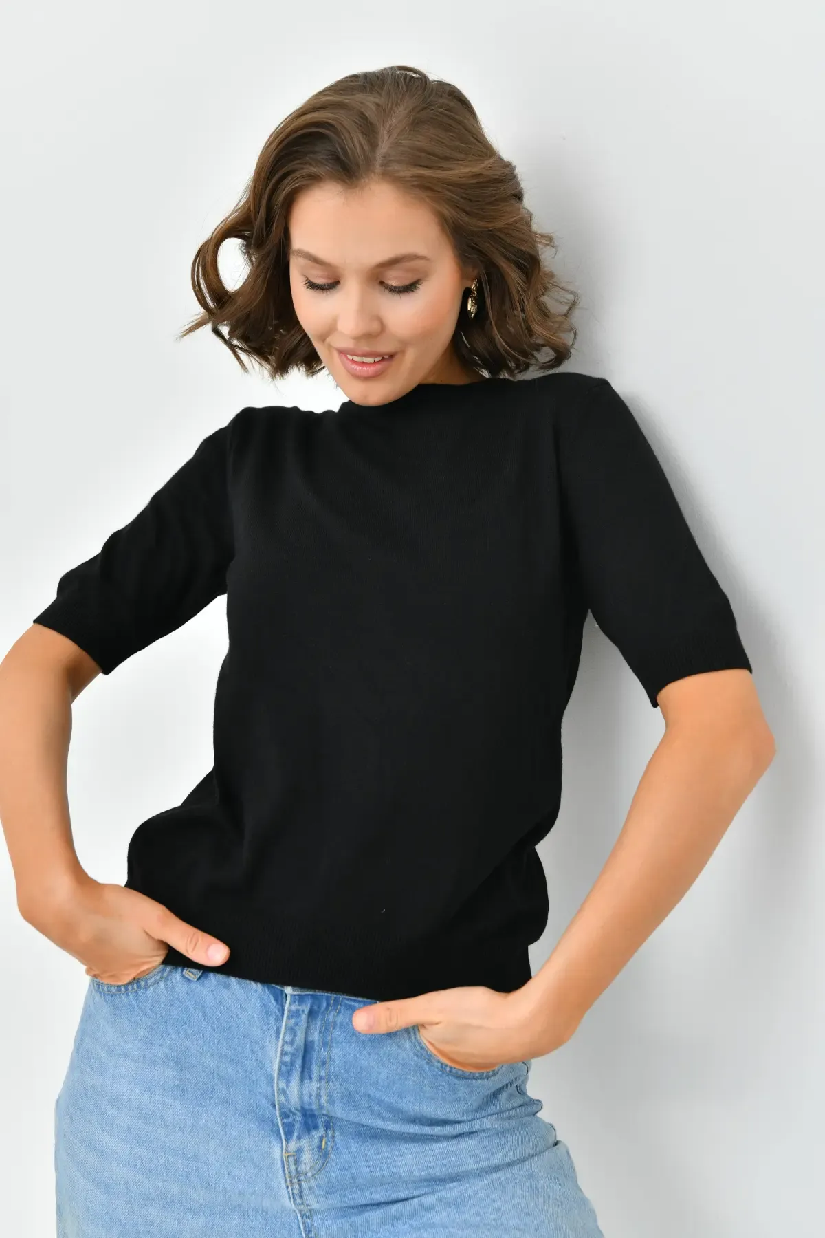 224095 Kadın Bisiklet Yaka Yumuşak Dokulu Viscon Triko Bluz