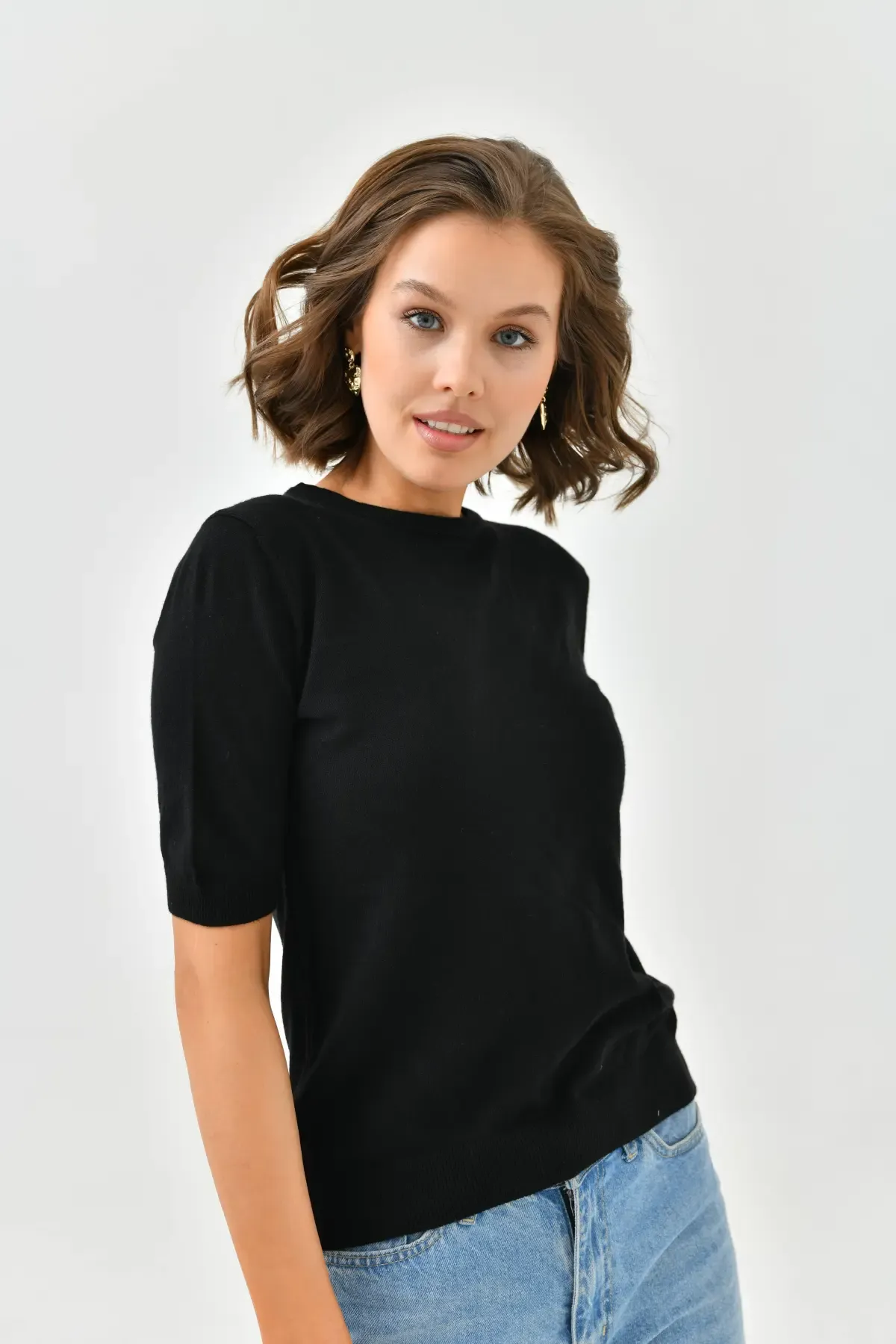 224095 Kadın Bisiklet Yaka Yumuşak Dokulu Viscon Triko Bluz