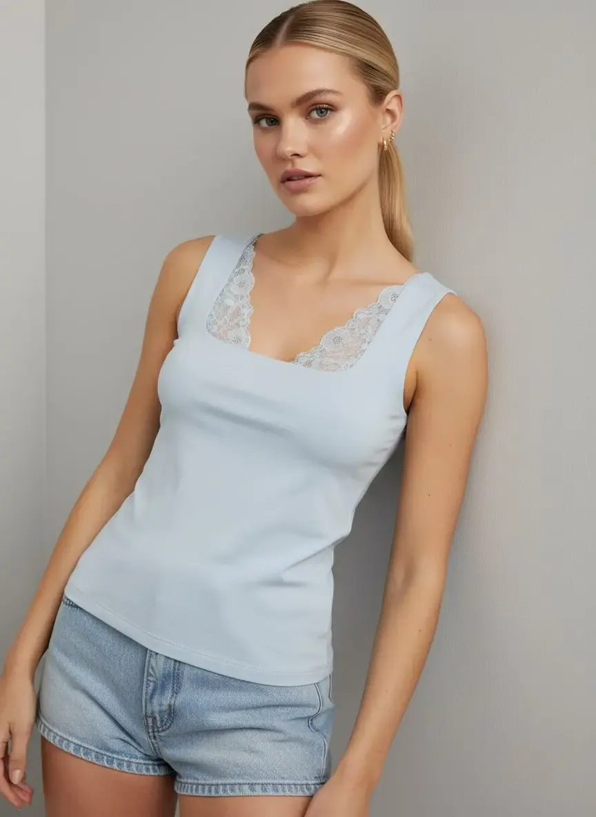 26004 Kadın Dantel Detaylı Kare Yaka Modal Örme Bluz