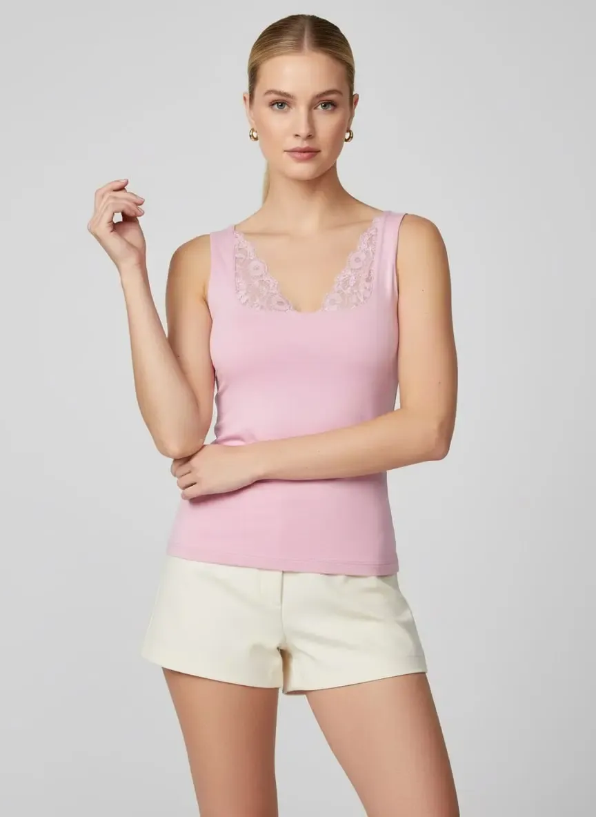 26004 Kadın Dantel Detaylı Kare Yaka Modal Örme Bluz