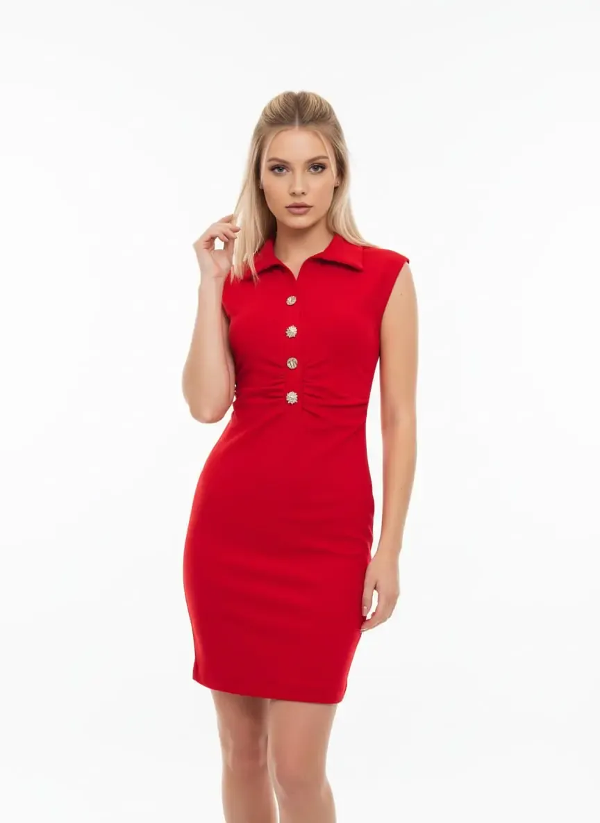 26008 Kadın Polo Yaka Mini Boy Yarım Pat Düğmeli  Oysho Kumaş Örme Elbise