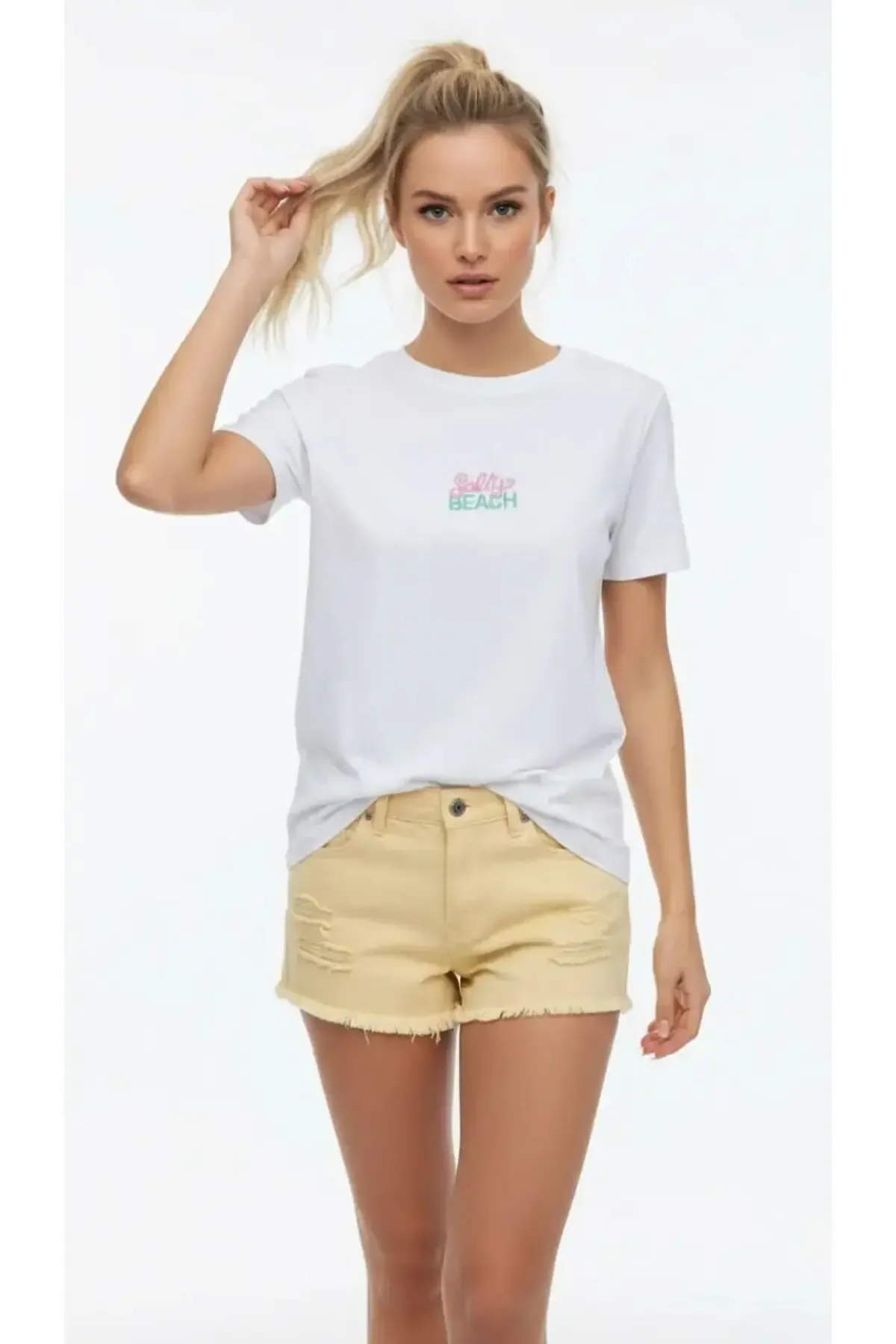 26015 %100 Pamuk Bisiklet Yaka Nakış İşlemeli Penye Bluz