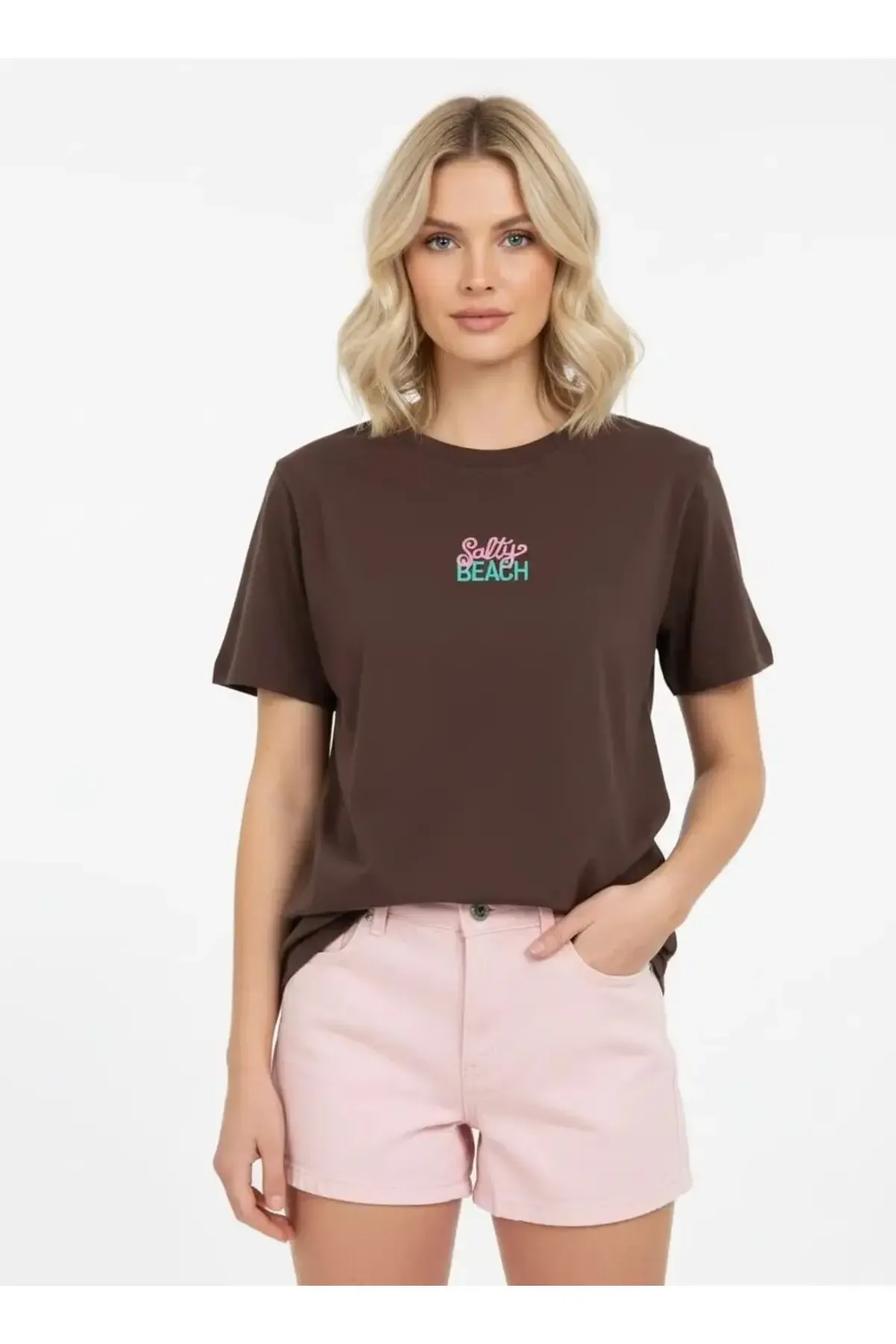 26015 %100 Pamuk Bisiklet Yaka Nakış İşlemeli Penye Bluz