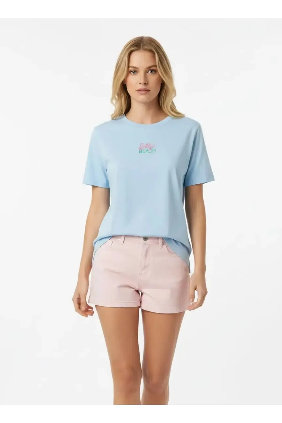 26015 %100 Pamuk Bisiklet Yaka Nakış İşlemeli Penye Bluz