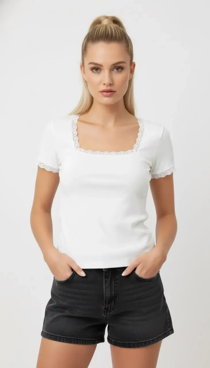 26016 Kadın Dantel Detaylı Kare Yaka Modal Örme Bluz