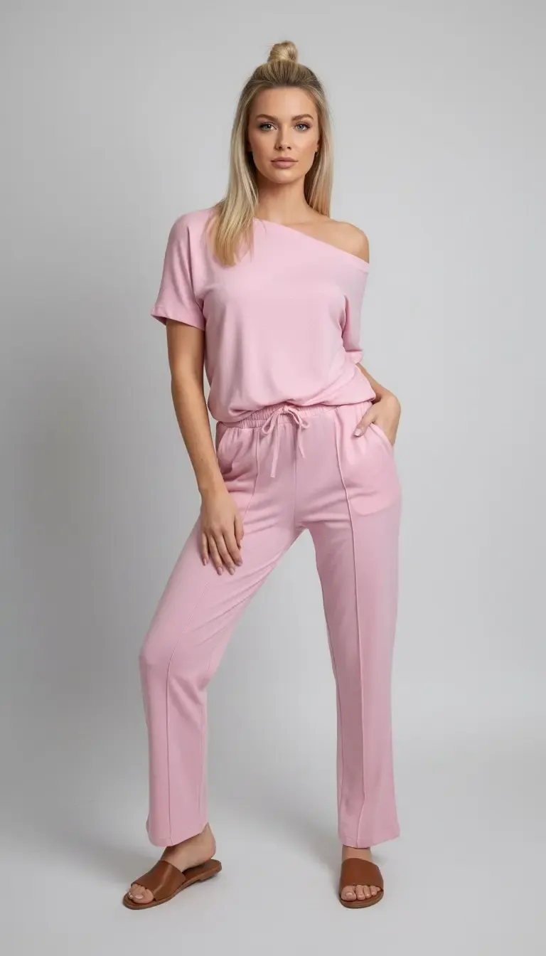 26022 Kadın Kayık Yaka Bluz Bağcıklı Pantolon Penye Alt Üst Takım