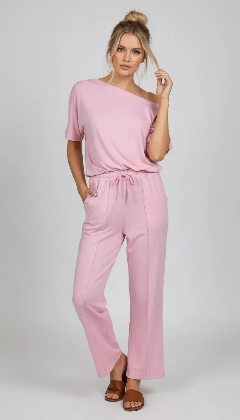 26022 Kadın Kayık Yaka Bluz Bağcıklı Pantolon Penye Alt Üst Takım