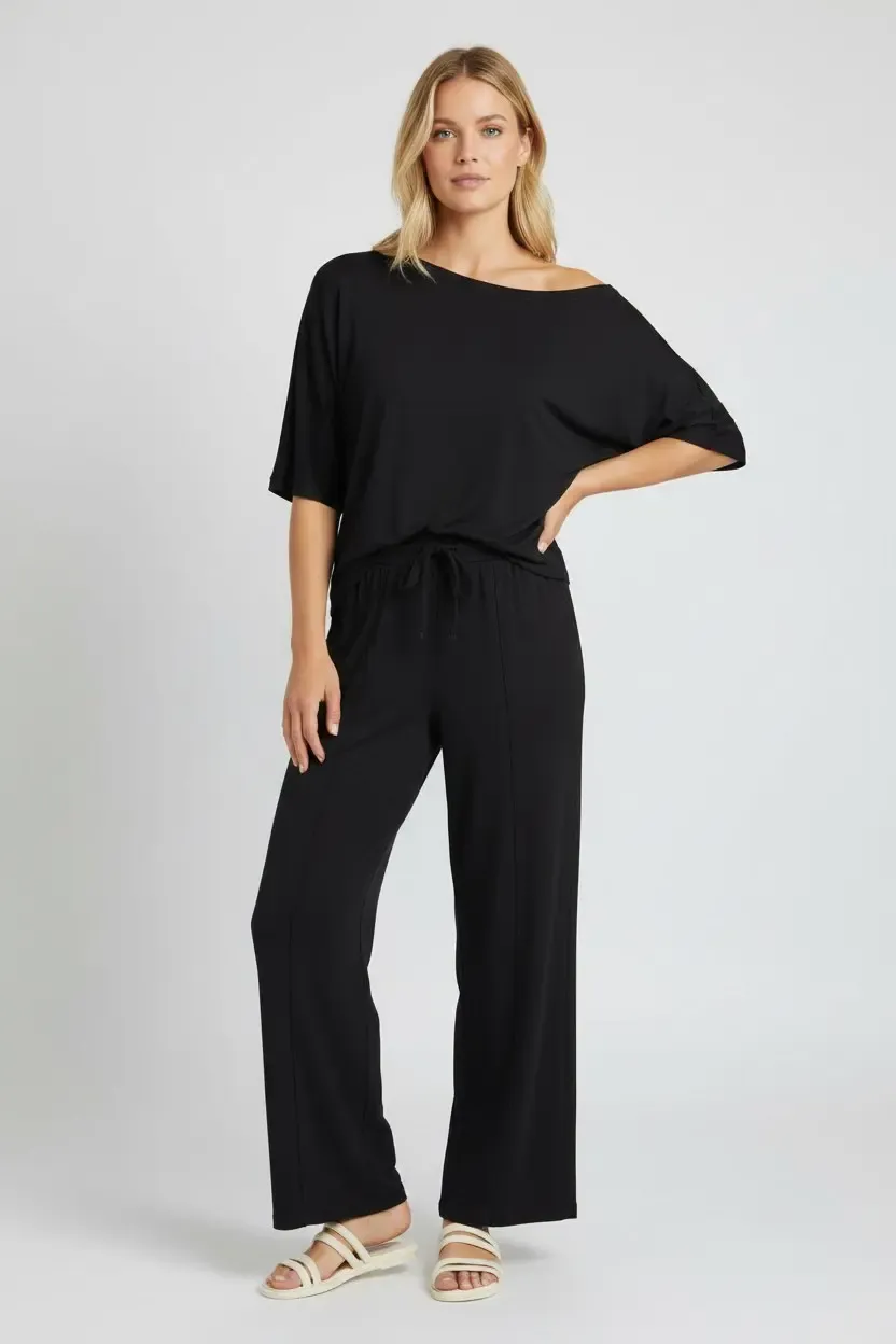 26022 Kadın Kayık Yaka Bluz Bağcıklı Pantolon Penye Alt Üst Takım