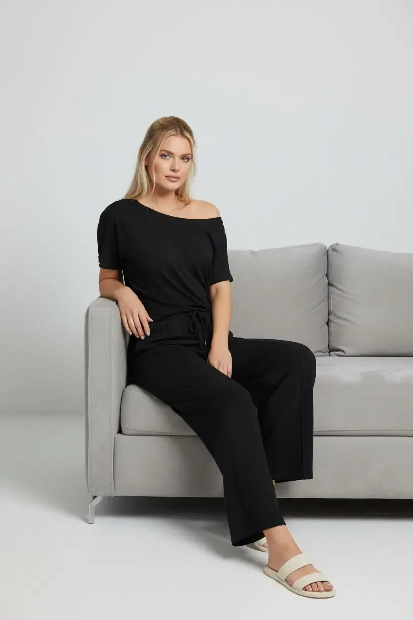 26022 Kadın Kayık Yaka Bluz Bağcıklı Pantolon Penye Alt Üst Takım