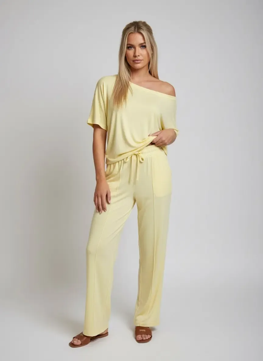 26022 Kadın Kayık Yaka Bluz Bağcıklı Pantolon Penye Alt Üst Takım