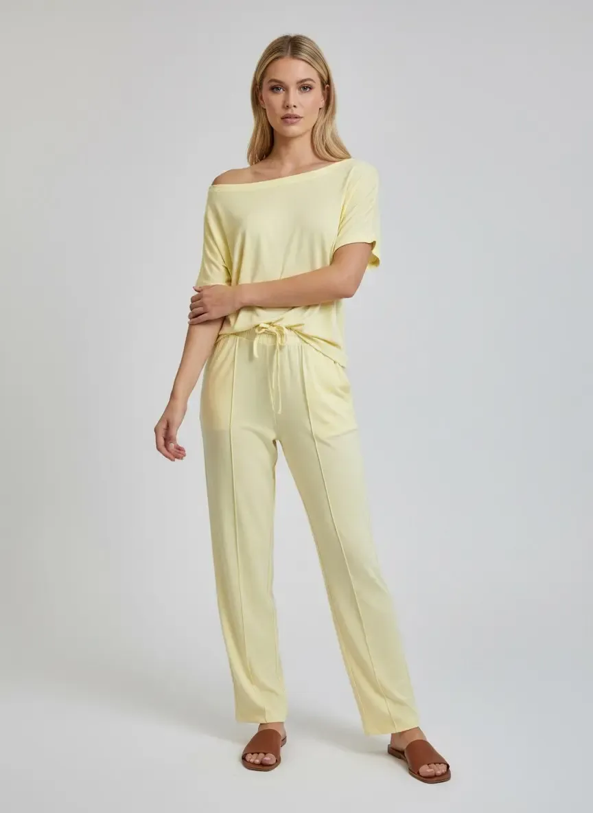 26022 Kadın Kayık Yaka Bluz Bağcıklı Pantolon Penye Alt Üst Takım