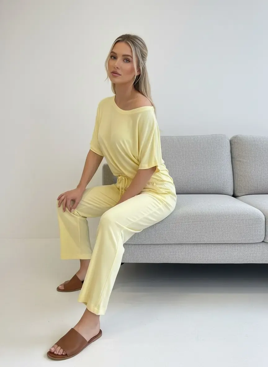 26022 Kadın Kayık Yaka Bluz Bağcıklı Pantolon Penye Alt Üst Takım