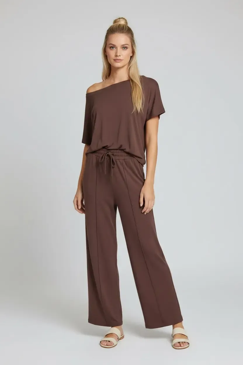 26022 Kadın Kayık Yaka Bluz Bağcıklı Pantolon Penye Alt Üst Takım