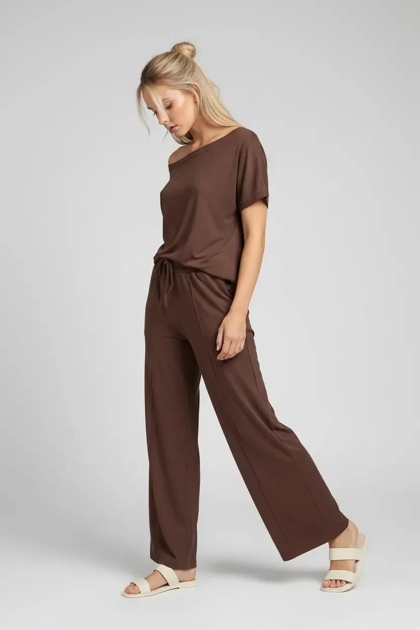 26022 Kadın Kayık Yaka Bluz Bağcıklı Pantolon Penye Alt Üst Takım