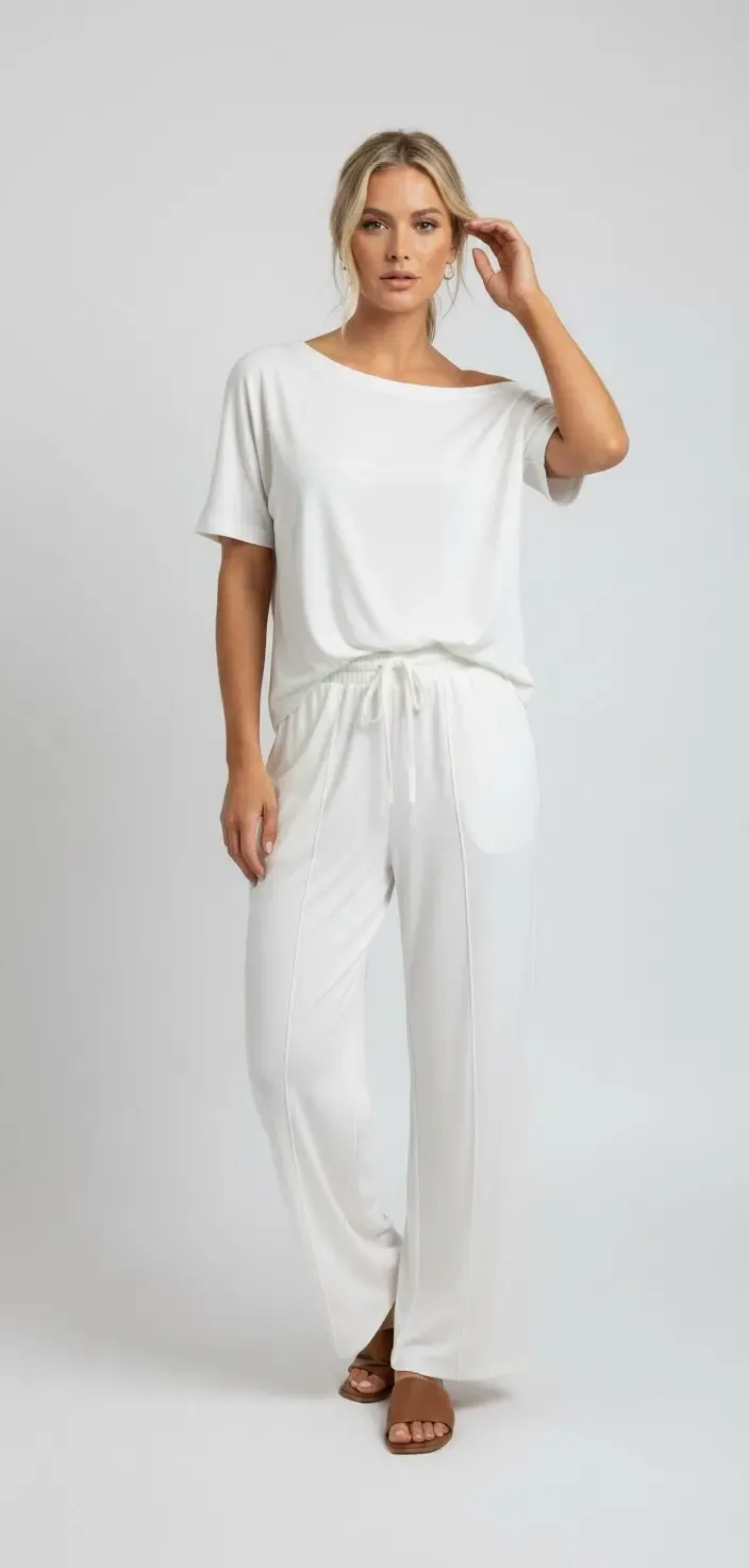 26022 Kadın Kayık Yaka Bluz Bağcıklı Pantolon Penye Alt Üst Takım