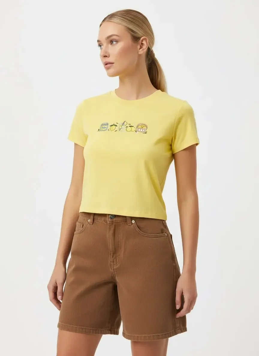 26025 %100 Pamuk Desenli Crop Boy Bisiklet Yaka Örme Bluz